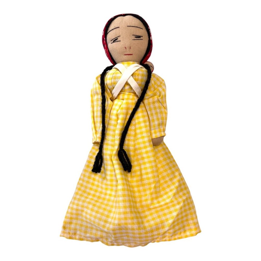 Vintage 1970s–80s Folk Art Cloth Doll with Baby – 13" Handmade Fabric Doll in Ye